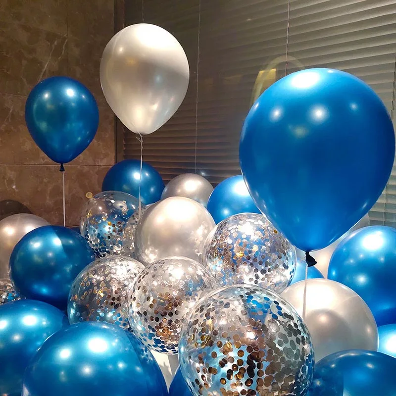 25pcs 12inch Blue Silver Confetti Balloons Gold Chrome Metallic Latex Ballon Baby Shower Birthday Wedding Party Decorations