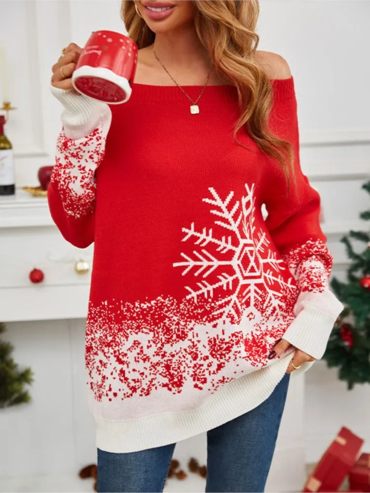 

Winter Clothes Woman Pulls Femmes Loose Simple Style Trendy Sweater Homewear Casual Christmas Off Shoulder All-match Commuting