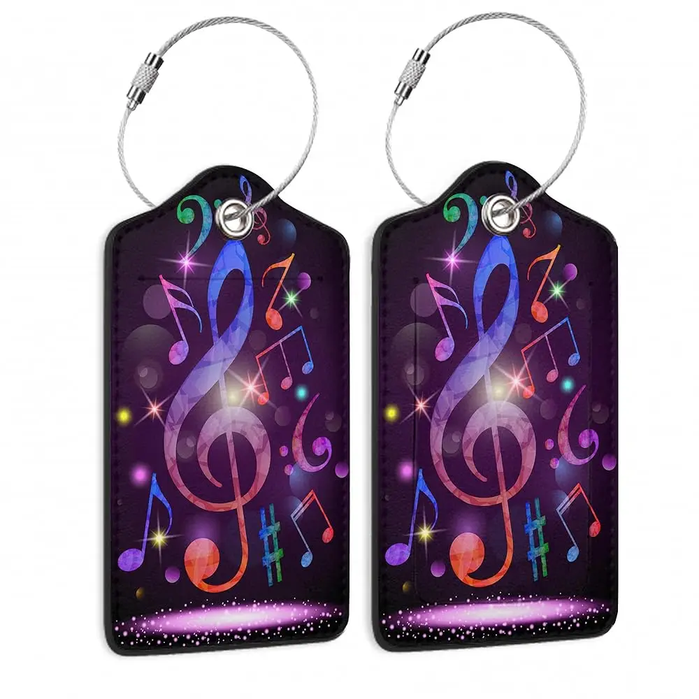 

Luggage Tags Set of 2 Colorful Music Notes Leather Suitcase Tags with Stainless Steel Loop and Privacy Cover for Women Men Tr