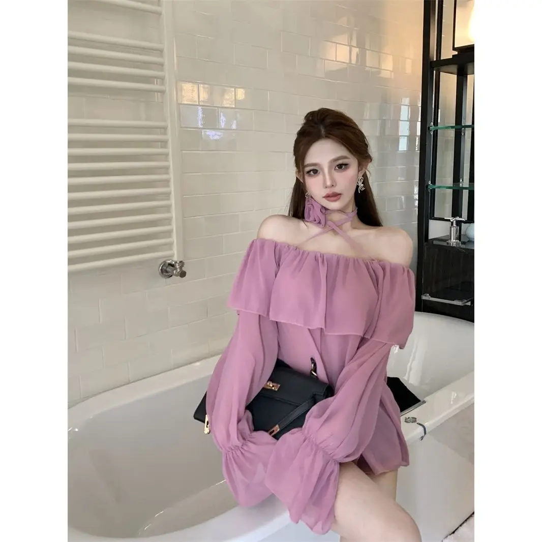 Lace-up One-shoulder Chiffon Shirt for Women Sweet Temperament Lantern Long-sleeved Shirt Loose Top