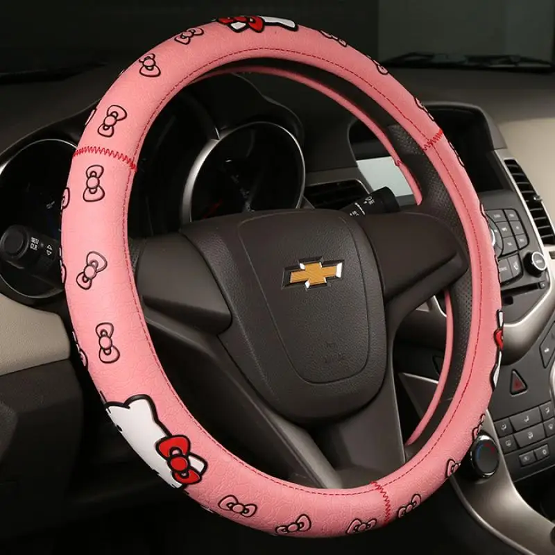 

Sanrio Kawaii Hello Kitty Anime Car Steering Wheel Cover Leather Suitable for 37-38Cm Anti-Slip Steering Hood Car Decoration Hot