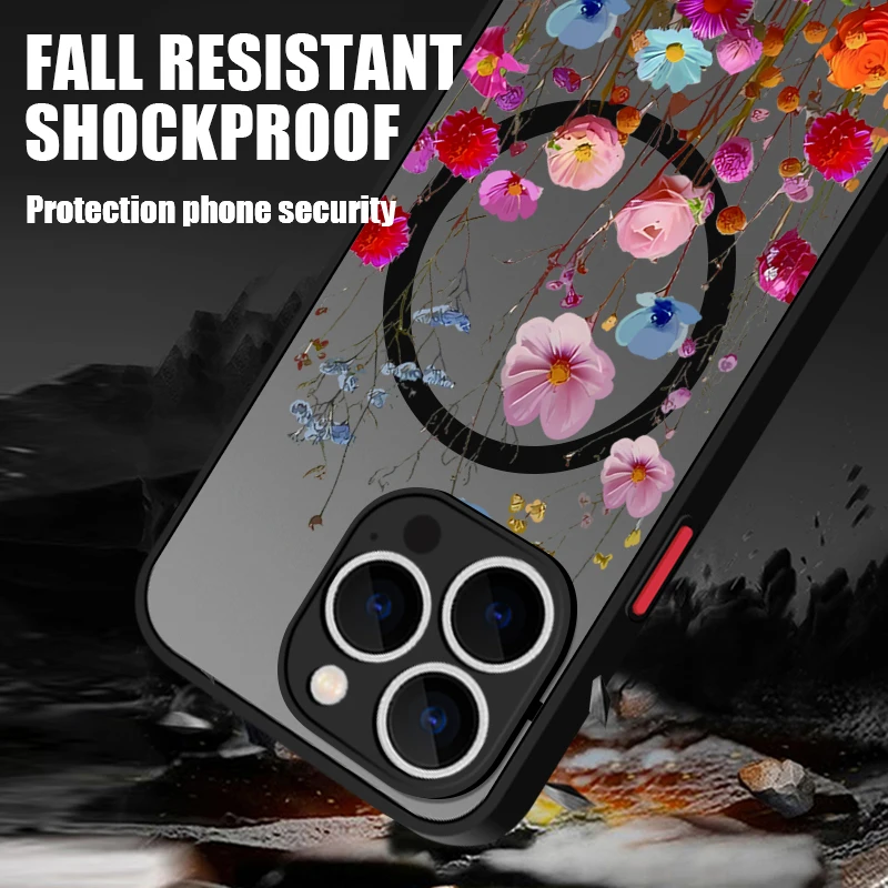 Magnetic Colorful Flower Phone Case For iPhone 15 16 Pro Max 14 13 12 Pro 11 For Magsafe Wireless Charge Soft Edge Acrylic Cover