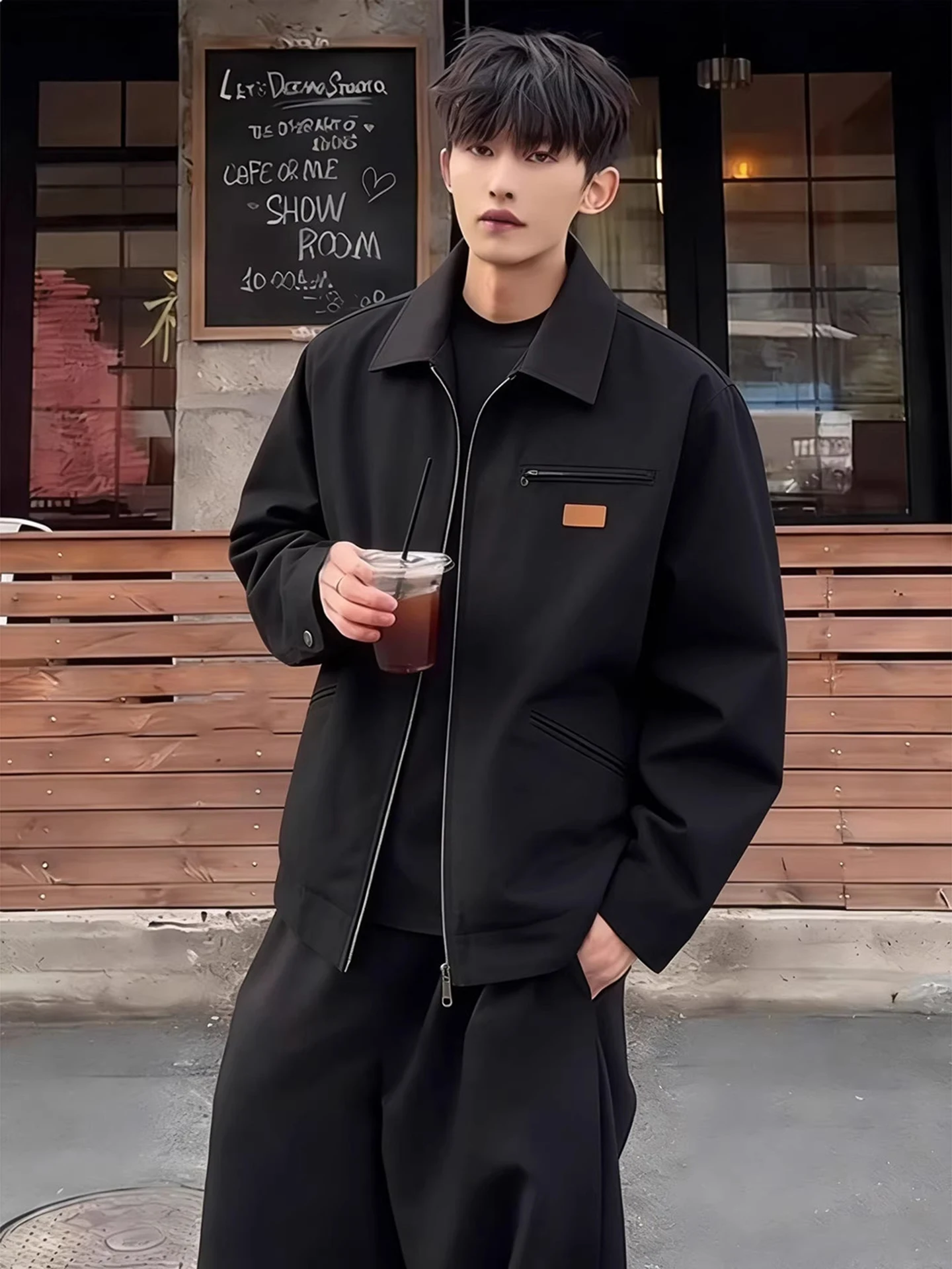 Chaqueta de vuelo negra estilo Detroit para hombre, primavera-otoño, estilo Harrington, informal, resistente, de algodón, manga larga, con cremallera