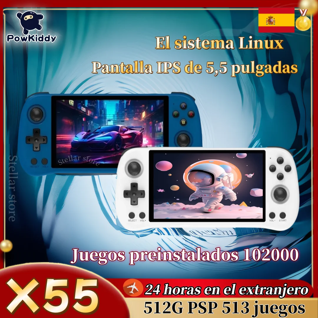 POWKIDDY X55 consola de reproductor de vídeo de juegos portátil Retro pantalla HD de 5,5 pulgadas RK3566 sistema Linux de código abierto Bluetooth 512G PSP regalo