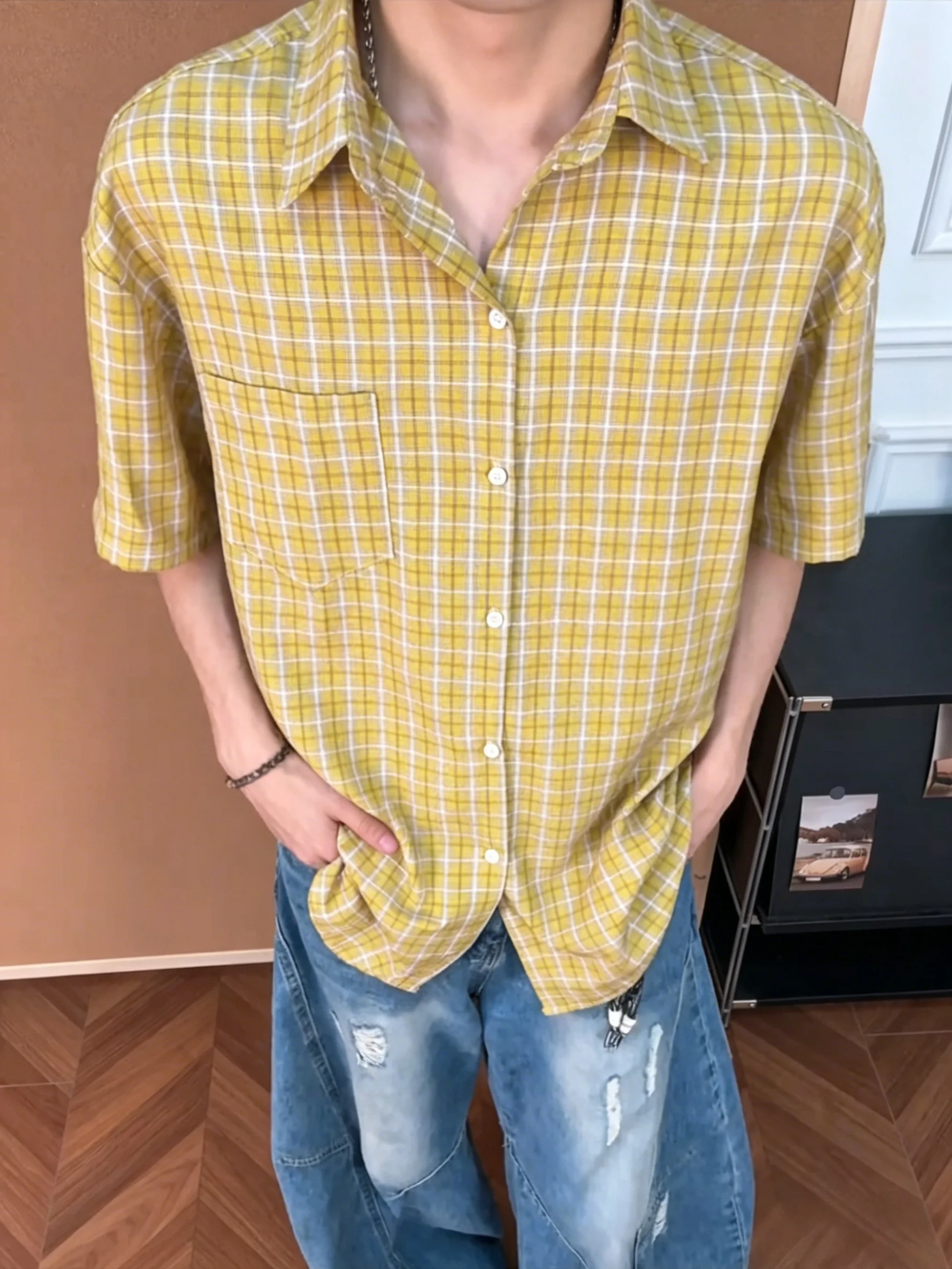 

Lemon Yellow Plaid Short Sleeve Men's Shirt Summer Thin American High Street Cool Ice Silk Sun Protection Casual Fashion