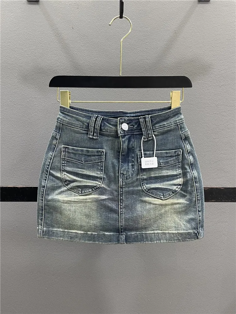 

American Retro Workwear Denim Skirt Women's High Waist Elastic Slimming Sexy Butt Short Skirt Casual Cotton Polyester Blend