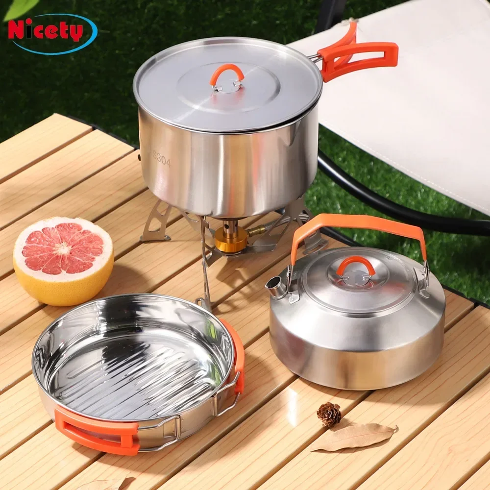 

Outdoor cookware 304 stainless steel camping set cookware three-piece set soup pot, kettle and set pot, collapsible frying pan.