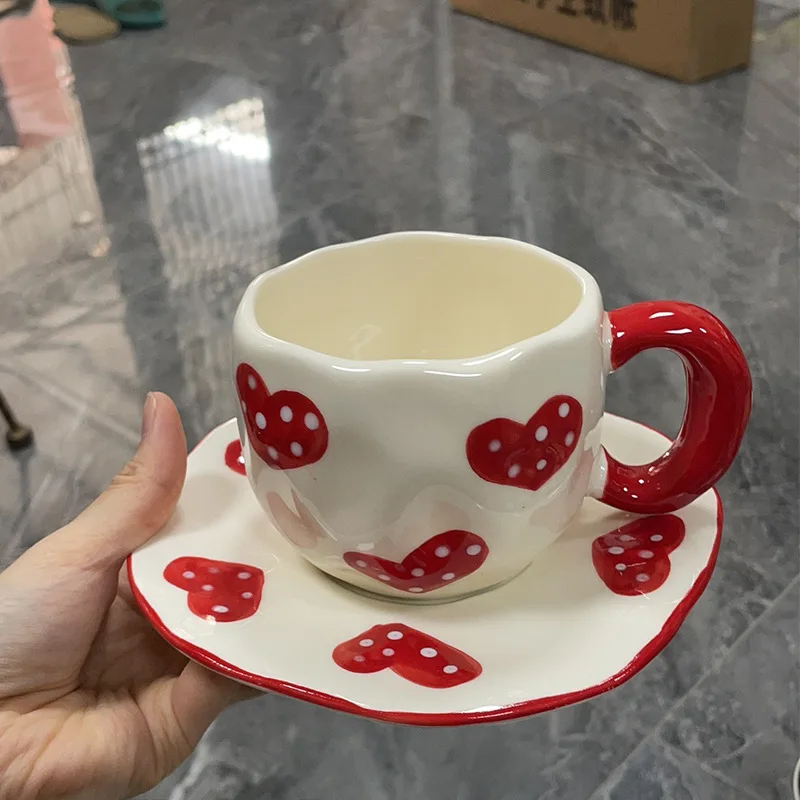 Overseas hot sale large capacity hand-pinched red heart-shaped ceramic coffee cup and saucer suit hand-painted Cup girl heart wa