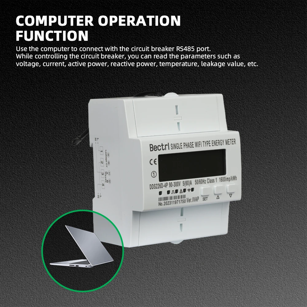 60A 90-300V TUYA Single Phase WIFI Smart Energy Meter Monitoring Circuit breaker Timer with voltage current protection RS485