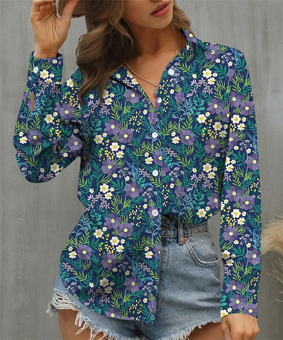 

Elegant Flower Pattern Woman Holiday Tops Casual Woman Long sleeve Shirt Woman Blouse Casual Weekend Fashion Women's Clothing