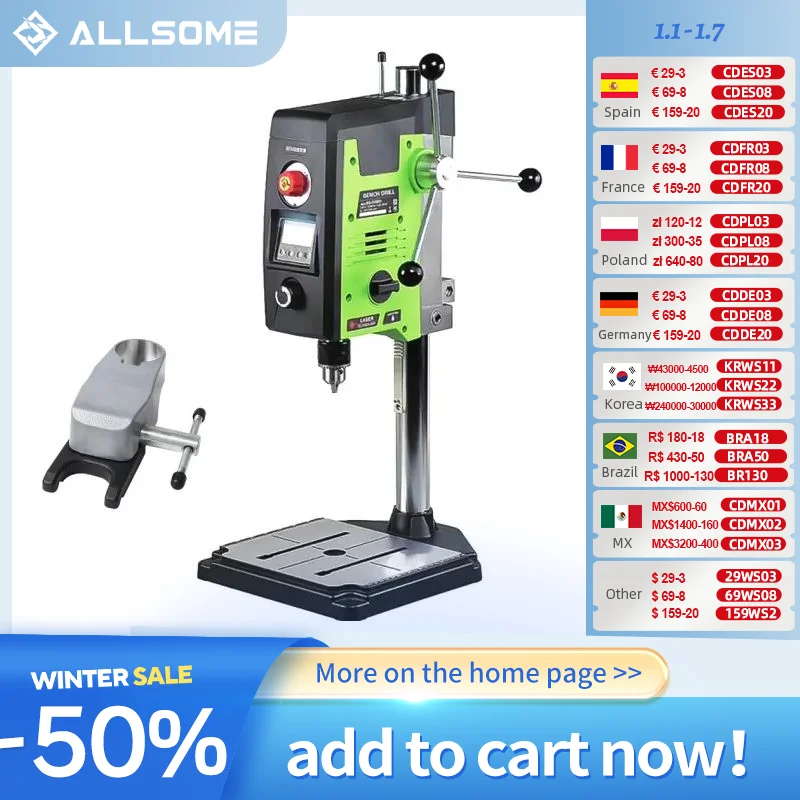 ALLSOME 800W Variable Speed Tabletop Drill Press Drilling Machine with Laser and Worklight BG-518801