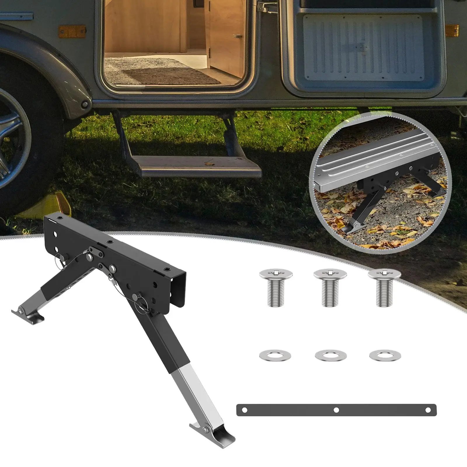 

RV Step Stabilizer Support Stability Durability Adjustable Accessories for RV Entryway Steps Motorhomes Travel Trailers