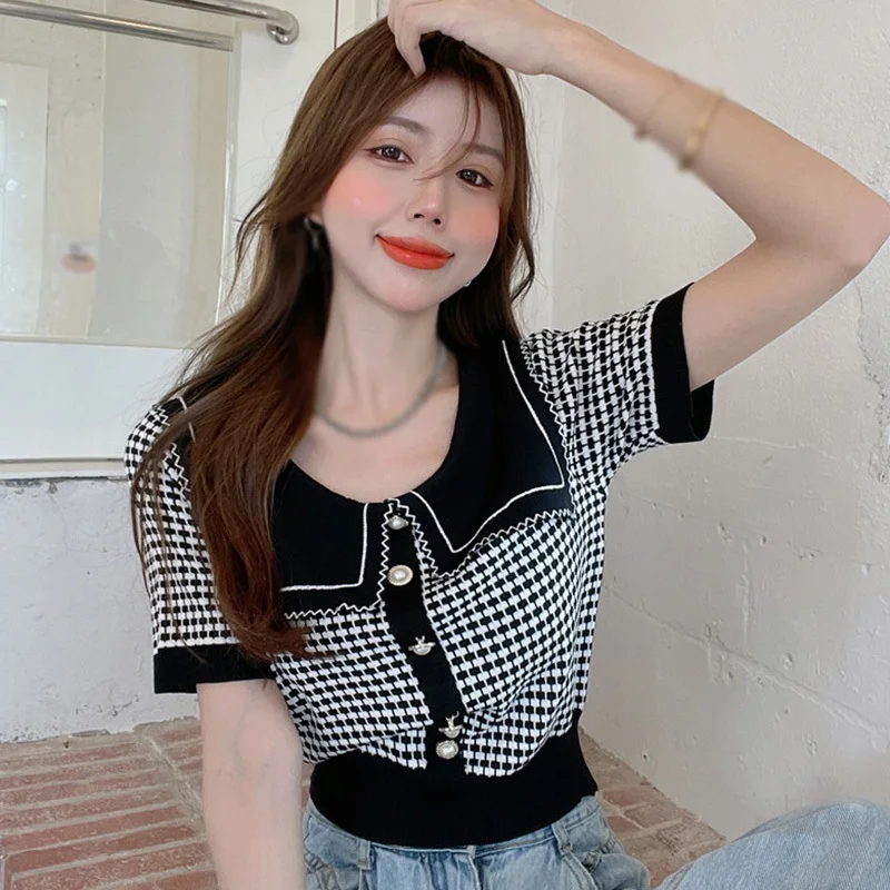 

Women Summer Korean Sailor Collar Plaid Fashion Sweet Single Breasted Knitted Short Sleeve Cardigan Tops