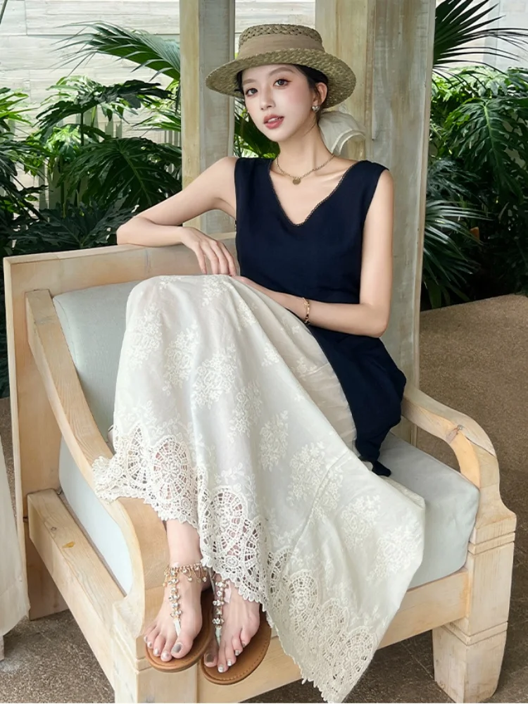 SMTHMA coreano Chic Sexy cuello en V sin mangas vestido Irregular de las mujeres de encaje empalmado cintura delgada falso vestidos largos de dos piezas