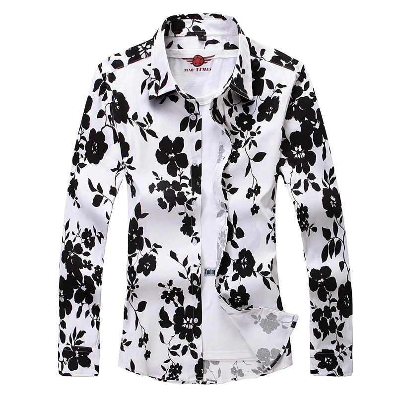 Black Background Color Red Rose Printed Cotton Shirt, Men\'s Square Collar Long Sleeve Shirts White Fashion Tops Camisa / Chemise