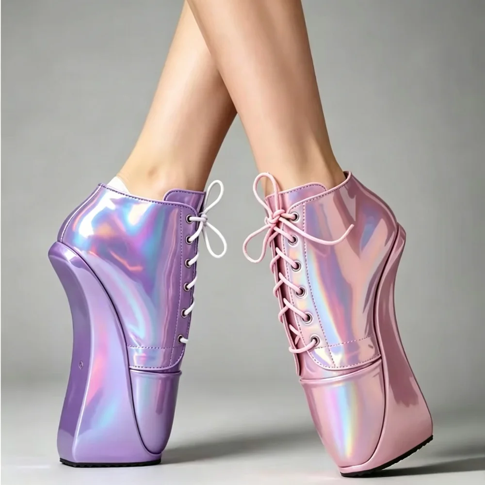 18-19cm High Heels Ponyplay Ballet Boots,Unisex Novelty Holographic Cross-dressing Cosplay Shoes,Short Botas,Custom Colors