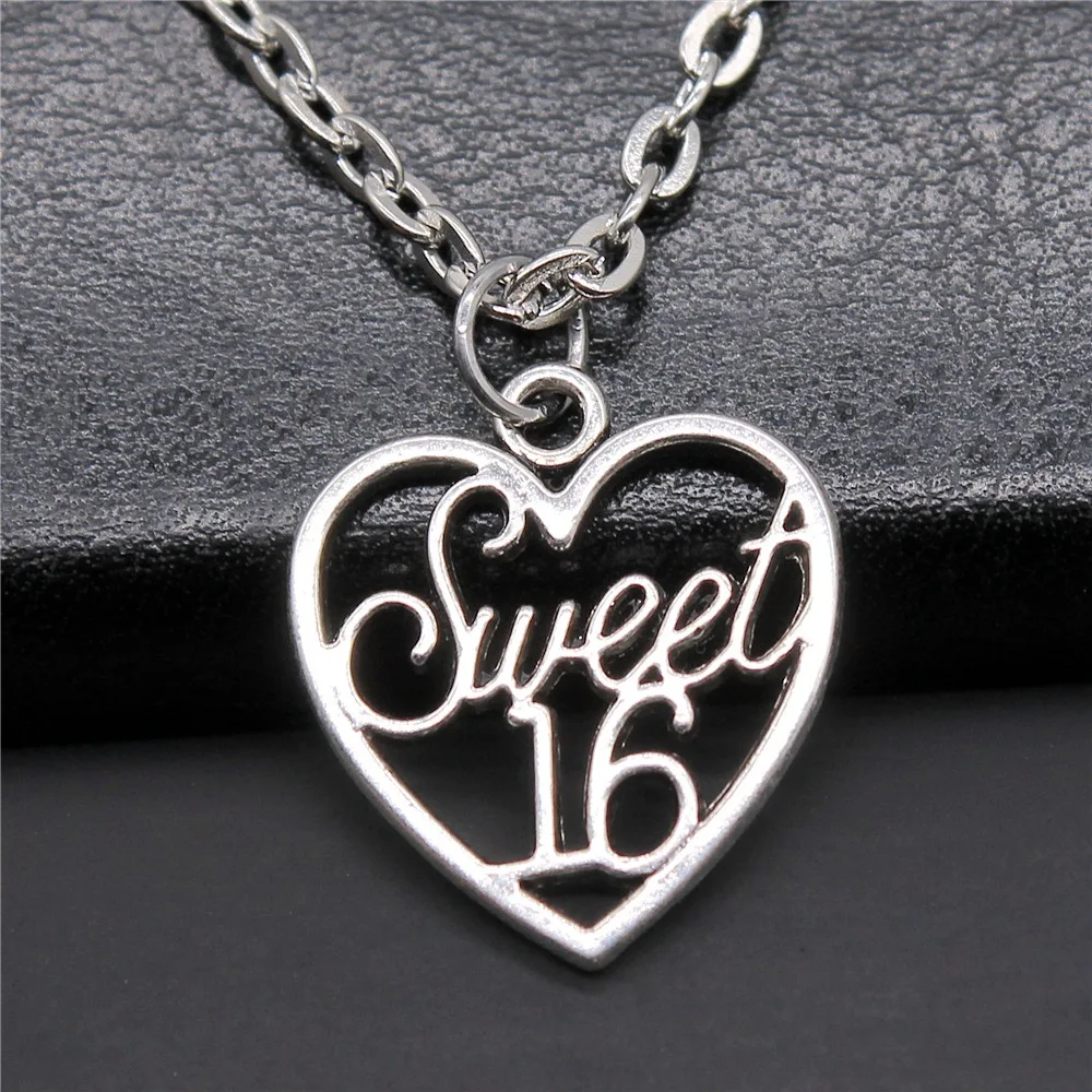 Fashion Simple Vintage Antique Silver Color 21x19mm Sweet 16 Age Pendant Necklace For Women