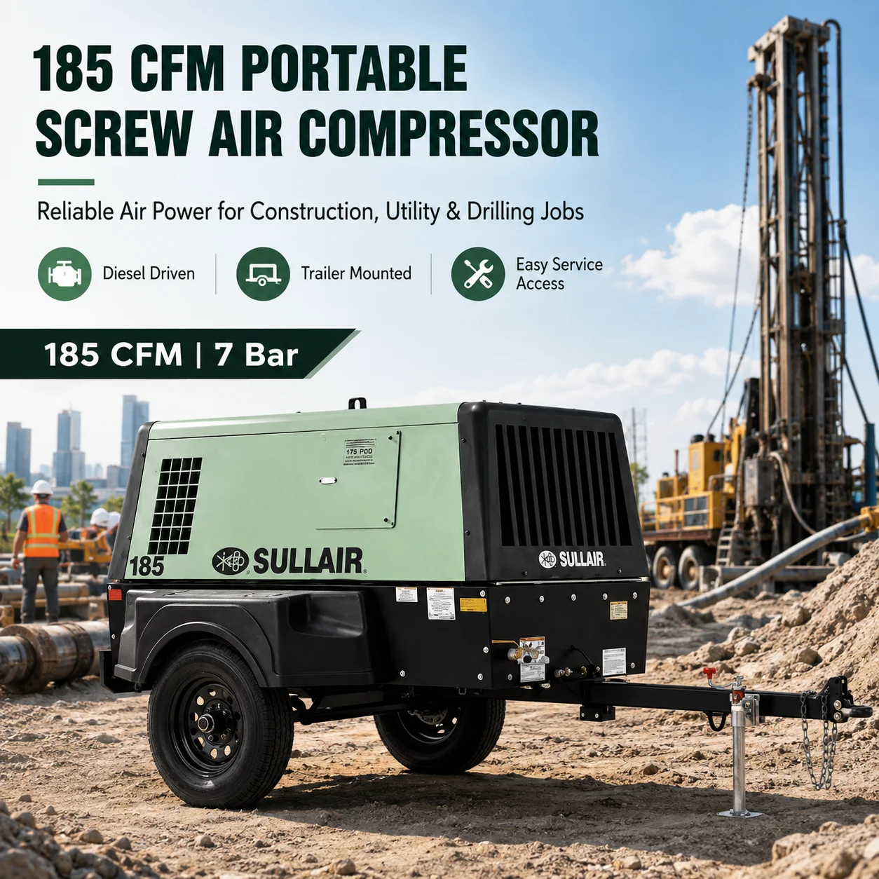 Sullair 185 CFM Portable Screw Air Compressor Trailer Mounted For Construction Drilling Sandblasting And Utility Work
