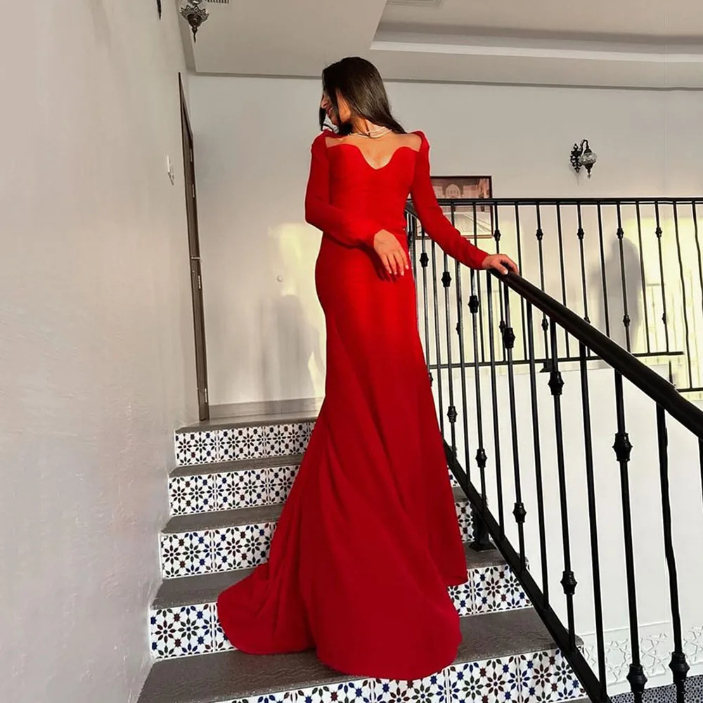 

Msikoods Saudi Arabia Satin Red Evening Dresses Long Sleeves Mermaid Sweetheart Celebrity Gowns Women Formal Party Dresses