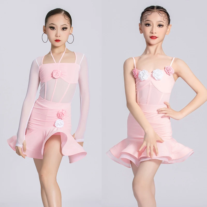 

Pink Latin Dance Dress Children'S Performance Competition Dance Clothes Kids National Standard Ballroom Dance Costumes SL10537