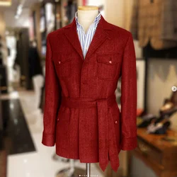 Chaqueta de caza de Tweed de espiga Vintage con cinturón para hombre, Blazer informal de caza, Blazer de un solo pecho, diseño elegante