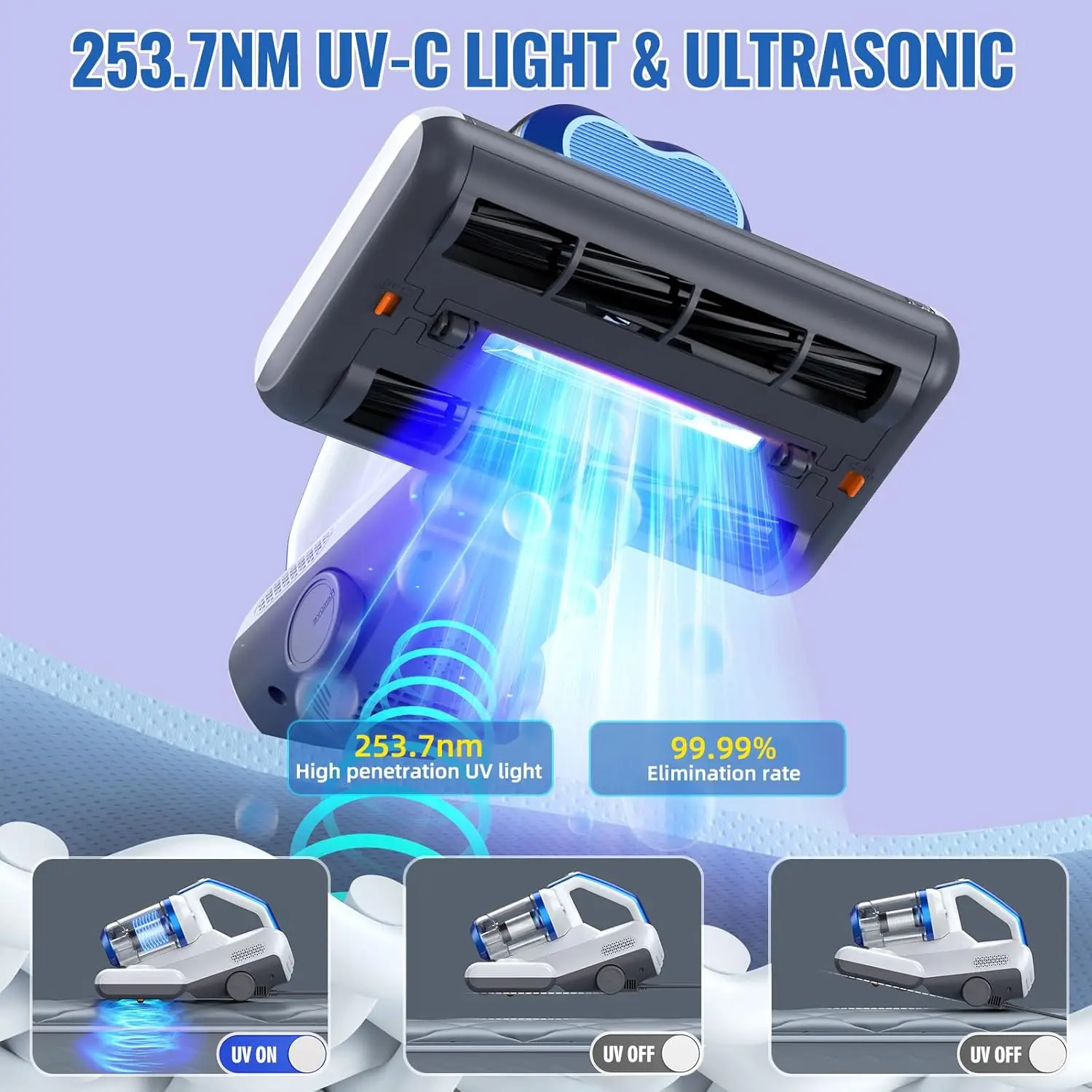 マットレス掃除機 16Kpa 吸引 253.7nm UV-C ライト、30000 RPM/分 デュアルブラシロール回転 & HEPA フィルター & 加熱 & U