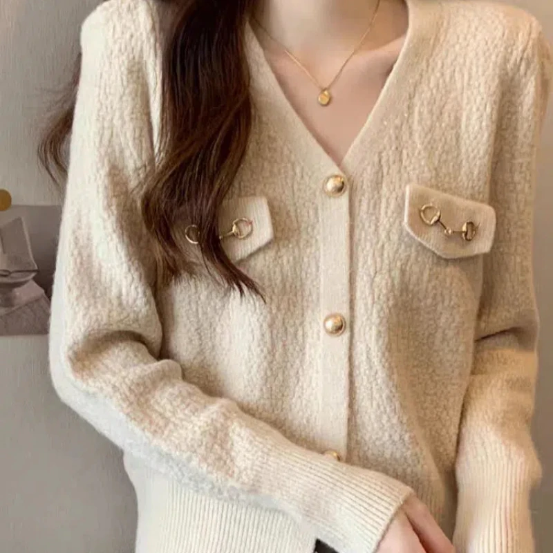 Spring Autumn New Solid Color V-neck Long Sleeve Fashion Shirt Women High Street Button Patchwork Cardigan Elegant Vintage Tops