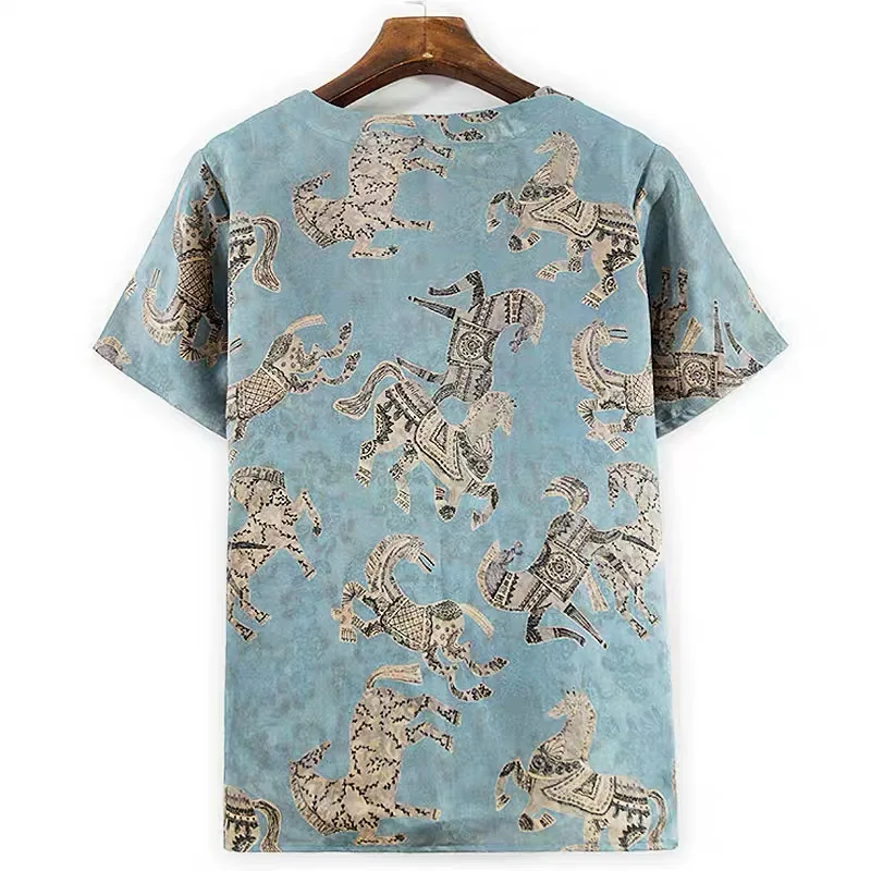 BirdTree-35MM الحرير سقي الشاش أنيقة تي شيرت، المرأة قصيرة الأكمام الجاكار، أزياء تخفيف بلوزة فضفاضة، 2025 الخريف T5O617CC