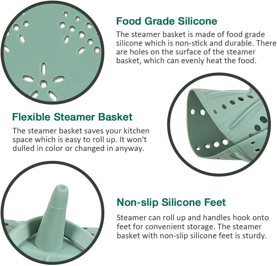 ハンドル付きシリコンスチーマーバスケット、フードスチーマー、野菜と果物の排水ラック、耐熱性