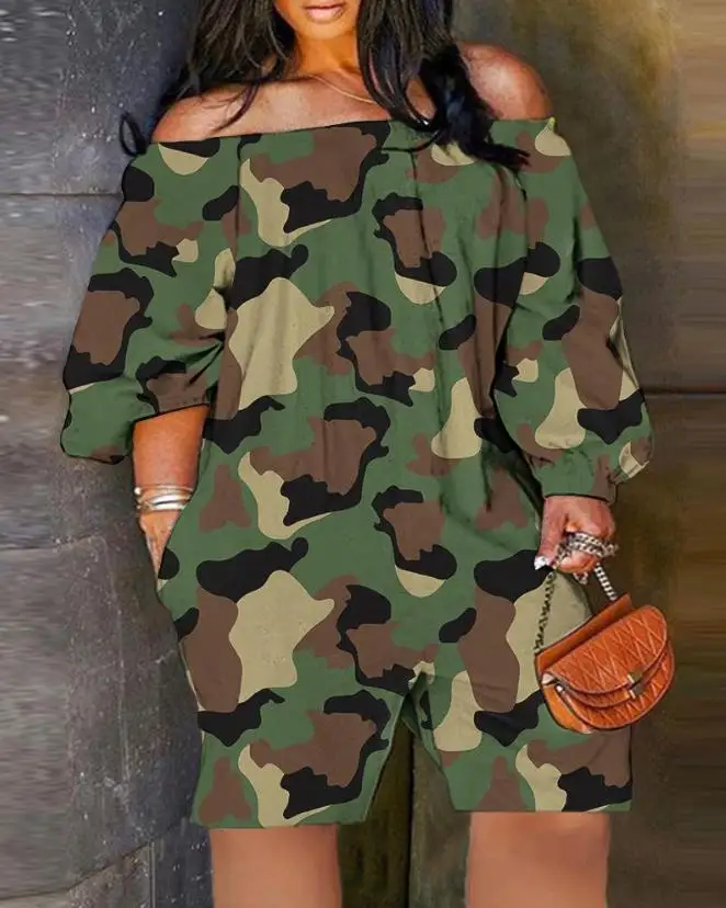 Women's fashionable jumpsuit shorts for spring/summer 2024, new casual plus size camouflage printed off shoulder casual jumpsuit