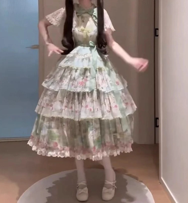 그린 파스토럴 스타일 JSK 숄 우아한 로리타 데일리 LO 드레스 데일리 드레스 JSK 스트랩 드레스 + 숄 + 헤드스카프 풀세트