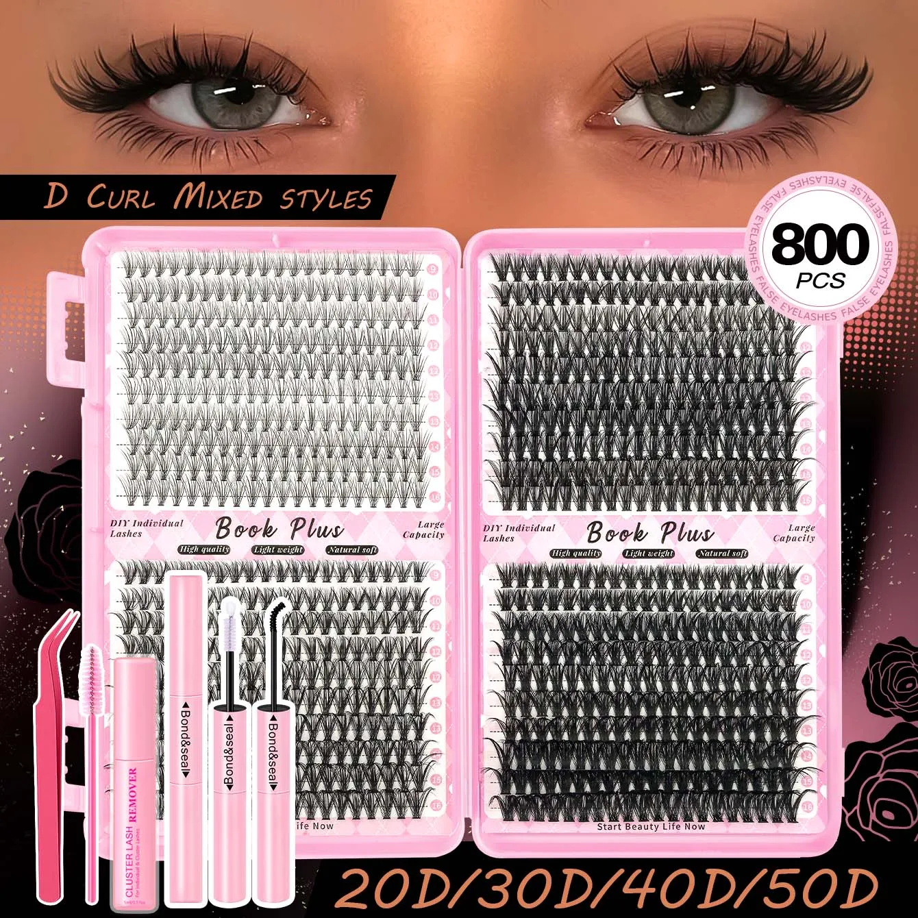 800 قطعة - كتيب رموش عنقودية عالية السعة مع أدوات تطبيق، مثالي للحفلات والمراحل والاحتفالات الاحتفالية الأخرى