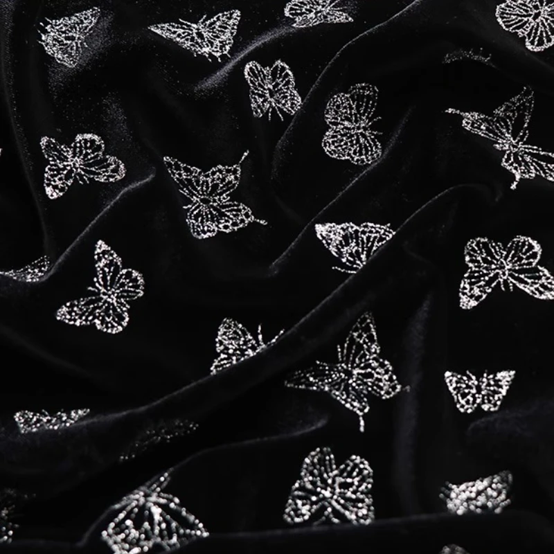 

Бронзовая золотая бархатная ткань с бабочкой, осенне-зимняя женская одежда, черный костюм в этническом стиле, ткань ручной работы «сделай сам»