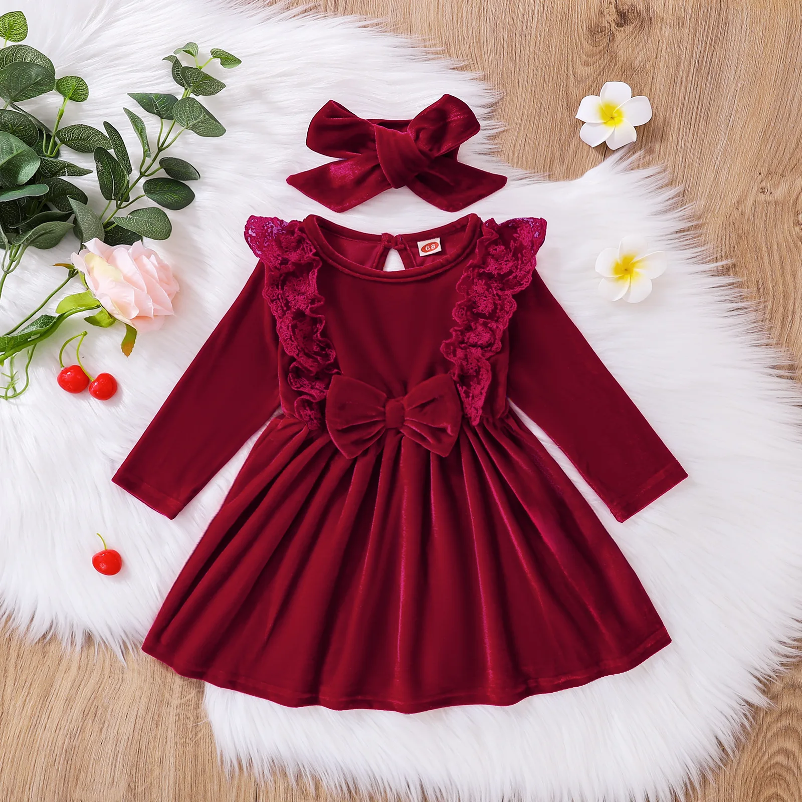 2pcs Baby Girls Dress Lace Long Sleeved Velvet Lining Headband Infant Autumn and Winter Fashion Solid Color Dress