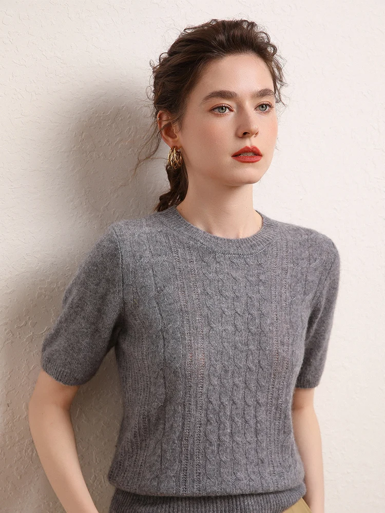 High-end Women Cashmere Sweaters O-neck Half-Sleeve Twist Pullover T-shirt 100% Cashmere Knitwear Spring Summer Female Tops
