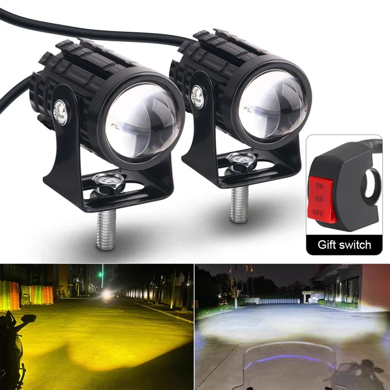 Motorcycle LED Headlight Mini Driving Light Universal Dual Color Spotlights for Motorbike Truck Trailer Offroad Moto Accessories