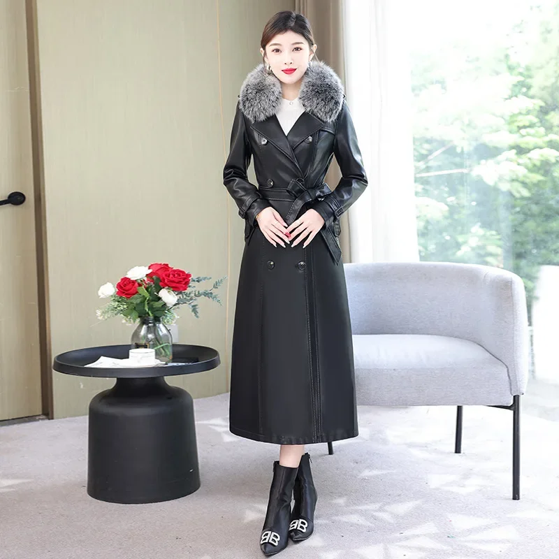 Winter Long Leather Coat Women Clothes Warm Fox Fur Collar Elegant Fashion Womens Jackets 7XL Belt Chaquetas De Cuero Mujer 2023