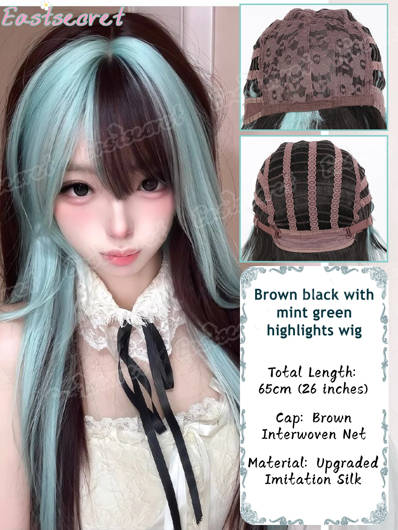 Cosplay Wig With Bangs Synthetic Straight Hair Double Ponytail Wig Heat-Resistant Chocolate Color Highlight Pink Wig For Women