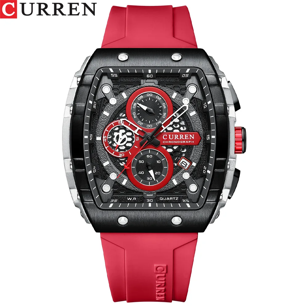 CURREN 8442 Quartz Watch Creative Cool Men Clock Outdoors Silicone Strap Date Chronograph Analog Display Wrist Watches for Men