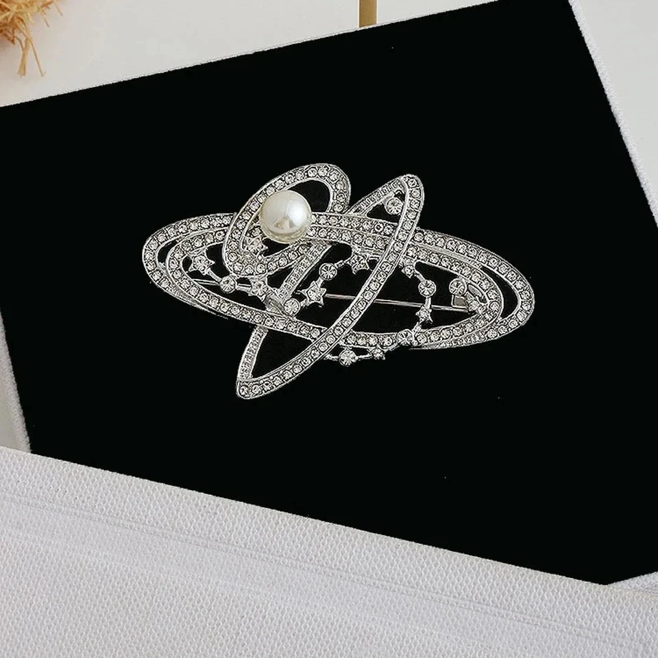 Luxury Universe Saturn Rhinestone Brooches for Women Crystal CZ Stars Pearl Metal Pins Fashion Clothing Accessories Jewelry