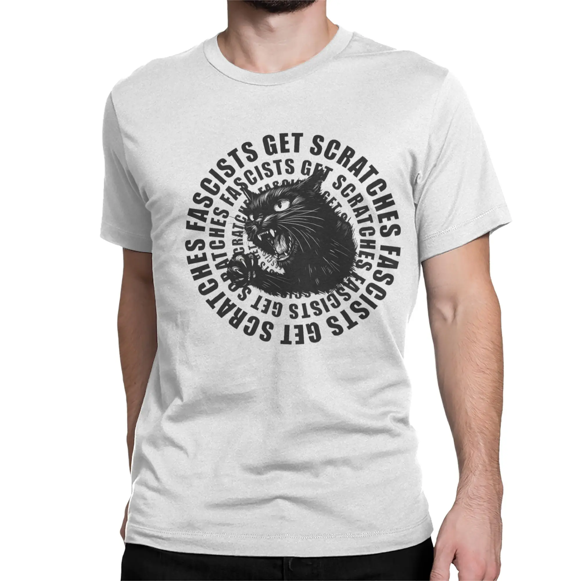 Black Cat Fascists Get Scratches Eat The Rich T Shirts Men Cotton Funny T-Shirts Crew Neck  Tees Short Sleeve Clothes Gift Idea