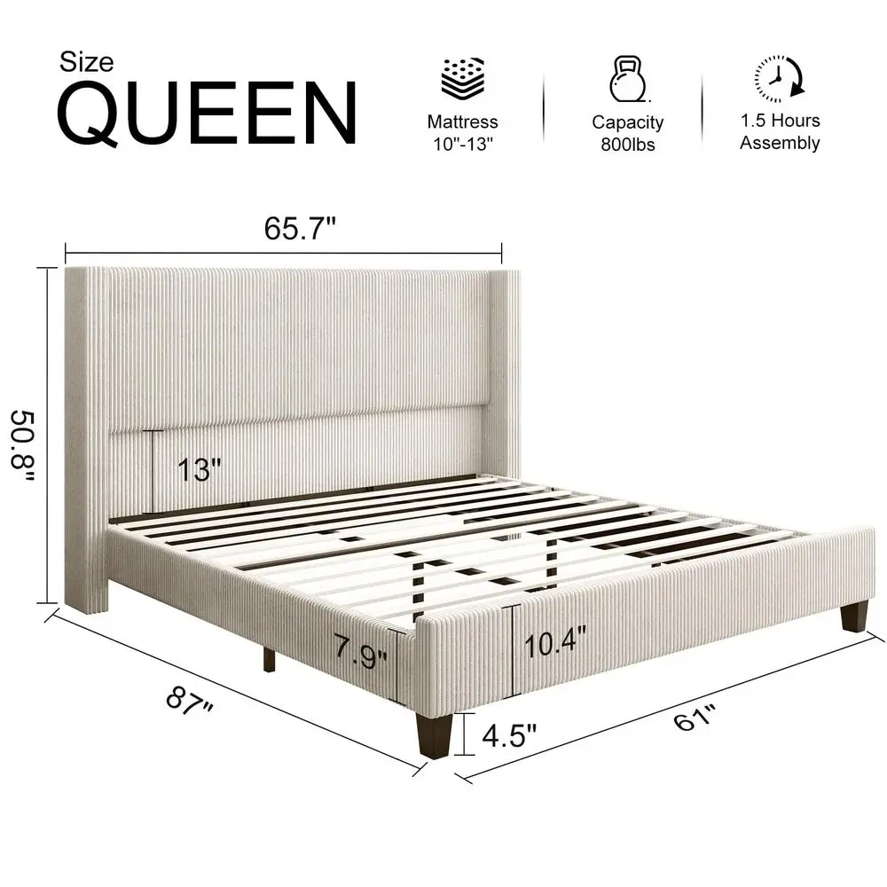 

Queen Size Bed Frame with 50.8 Tall Wingback Headboard, Modern Corduroy holstered Platform Bed Frame with Solid Wood Slats am