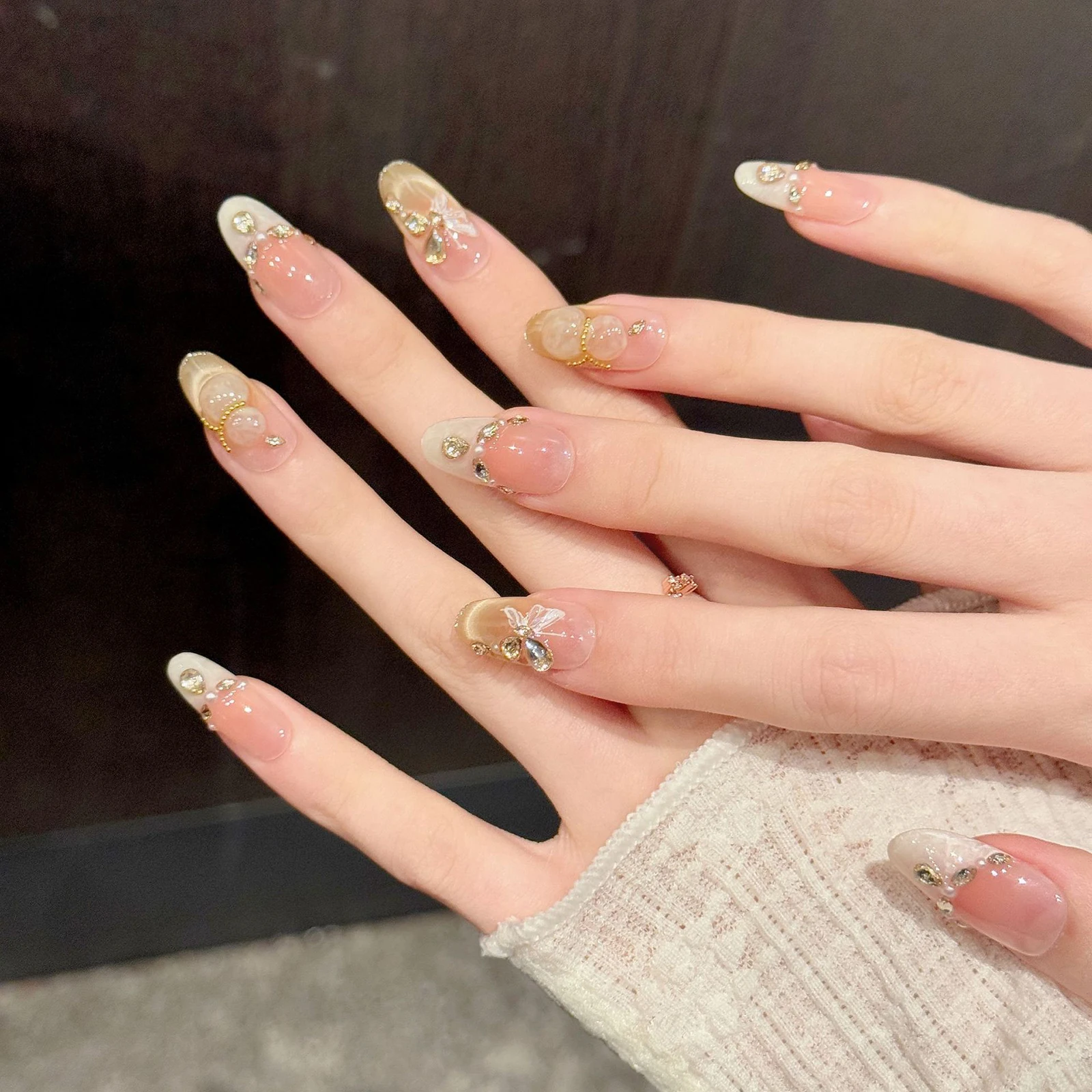 10Pcs Handmade Oval Head Press On Nails Gold Cat Eyes Glitter Crystal Design False Nail Patches For Wedding Party Daily Wearable