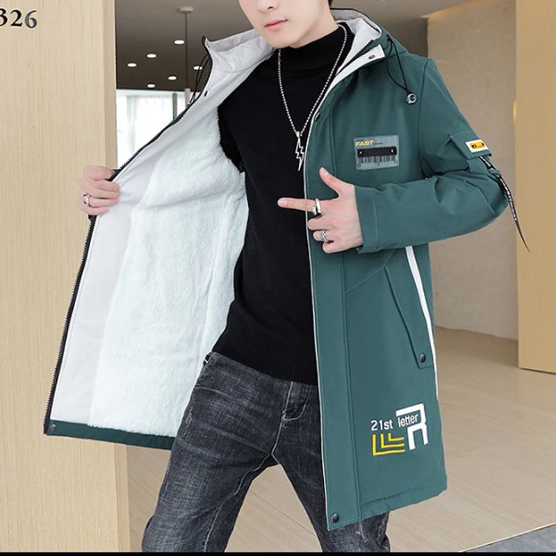 

Pop Nice Autumn Winter Warm Fleece Parkas Mens Hooded Mid-Length Jacket Casual Velvet Thick Long Coat Streetwear Top Windbreaker