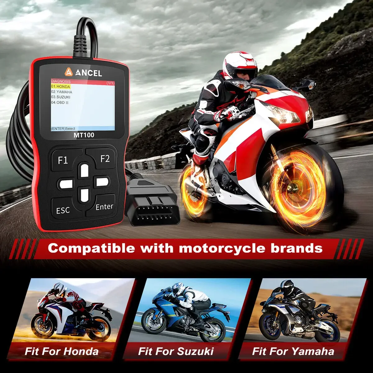 ANCEL MT100 Motorcycle Diagnostic Tool Engine Check Code Reader OBD2 Motorcycle Scanner for YAMAHA /HONDA/SUZUKI Free Update