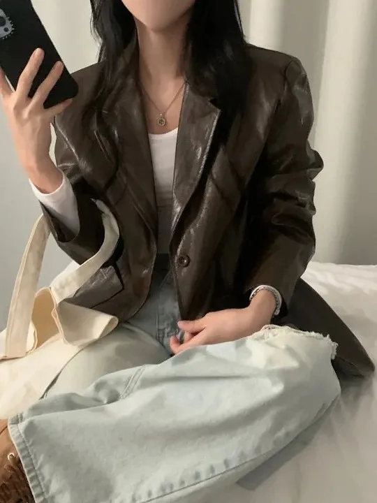 بدلة ريترو Sle من جلد البولي يوريثان Jaet للسيدات فضفاضة طويلة Sve ملابس خارجية أنيقة لخريف وشتاء ملمس راقي