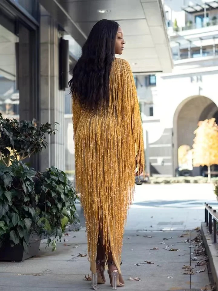 Net Yarn Tassel Dresses Plus Size Gold Black Fringes Long Dress Women Birthday Evening Party Dress Female Singer Stage Costume