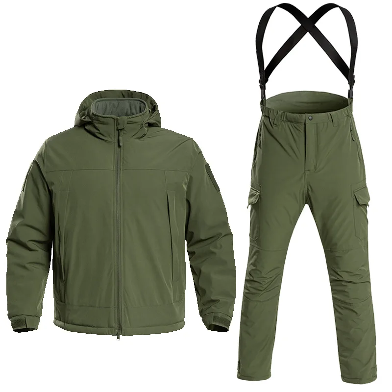 

Men's Thermal Fleece Lined Camo Utility Suit, Detachable Suspenders High Waist Snow Pants+Multi-Pocket Cotton Blend Parka