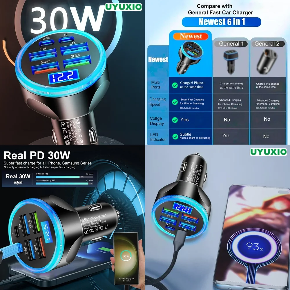Car Charger Smart IC Chip Fast Charging Super Fast LED Digital Display PD 30W 6 Ports for iPhone 17 16 15 14 Pro Max Plus Plug