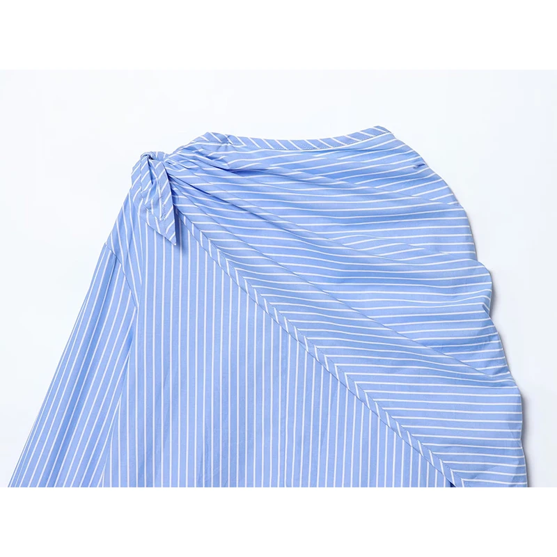 YENKYE 2025 moda mujer con bufanda camisa a rayas azules manga larga cuello redondo viaje versátil otoño blusa Tops